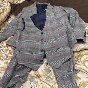 Boys Grey Glen Plaid Three-Piece Suit with Red Windowpane